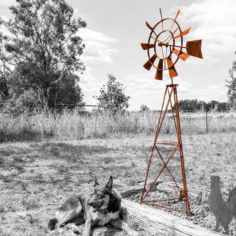 Farmhouse Metal Windmill Garden Stake – 73" Tall Rusted Wind Spinner Lawn Sculpture