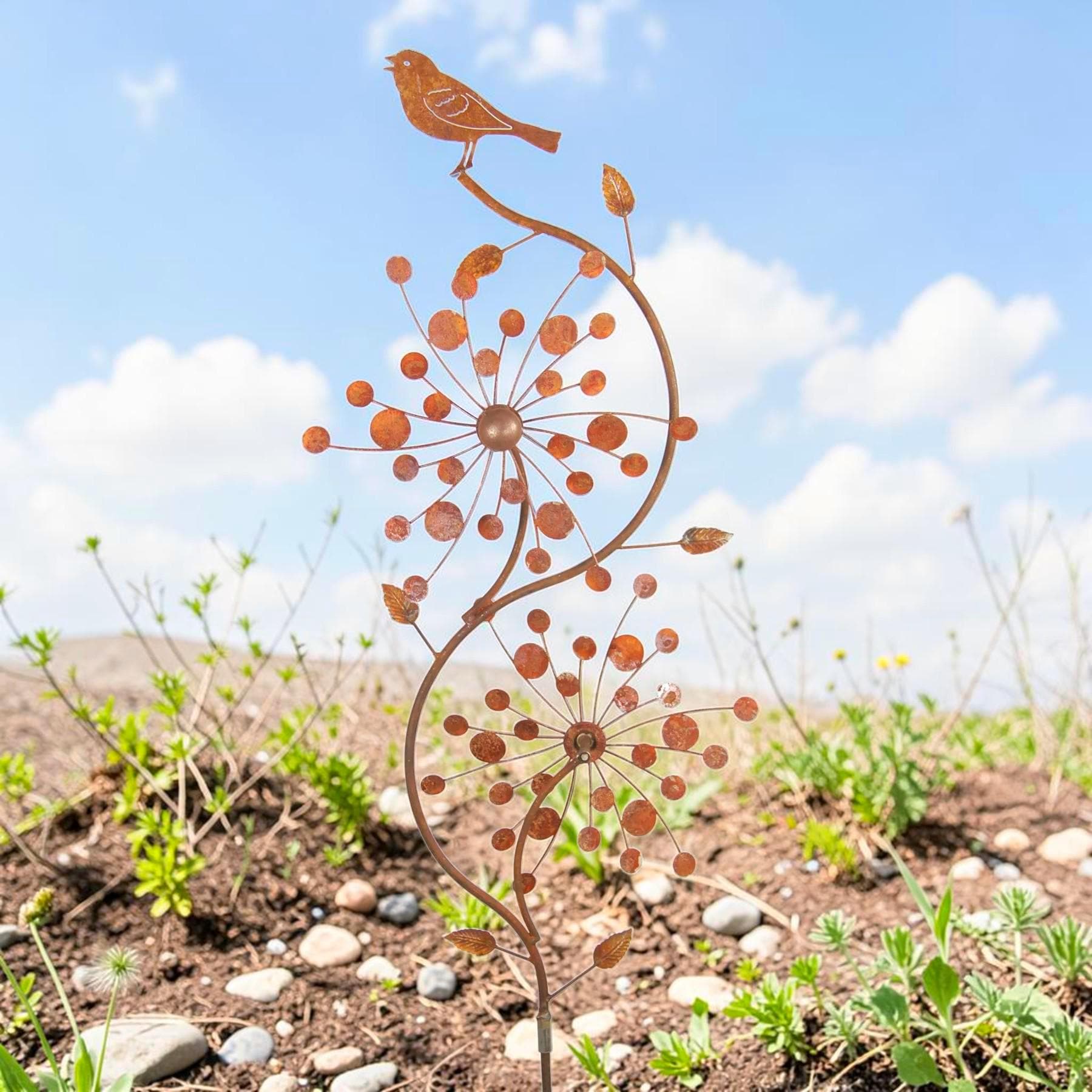 Rustic Metal Bird & Flower Wind Spinner: Weatherproof Garden Stake
