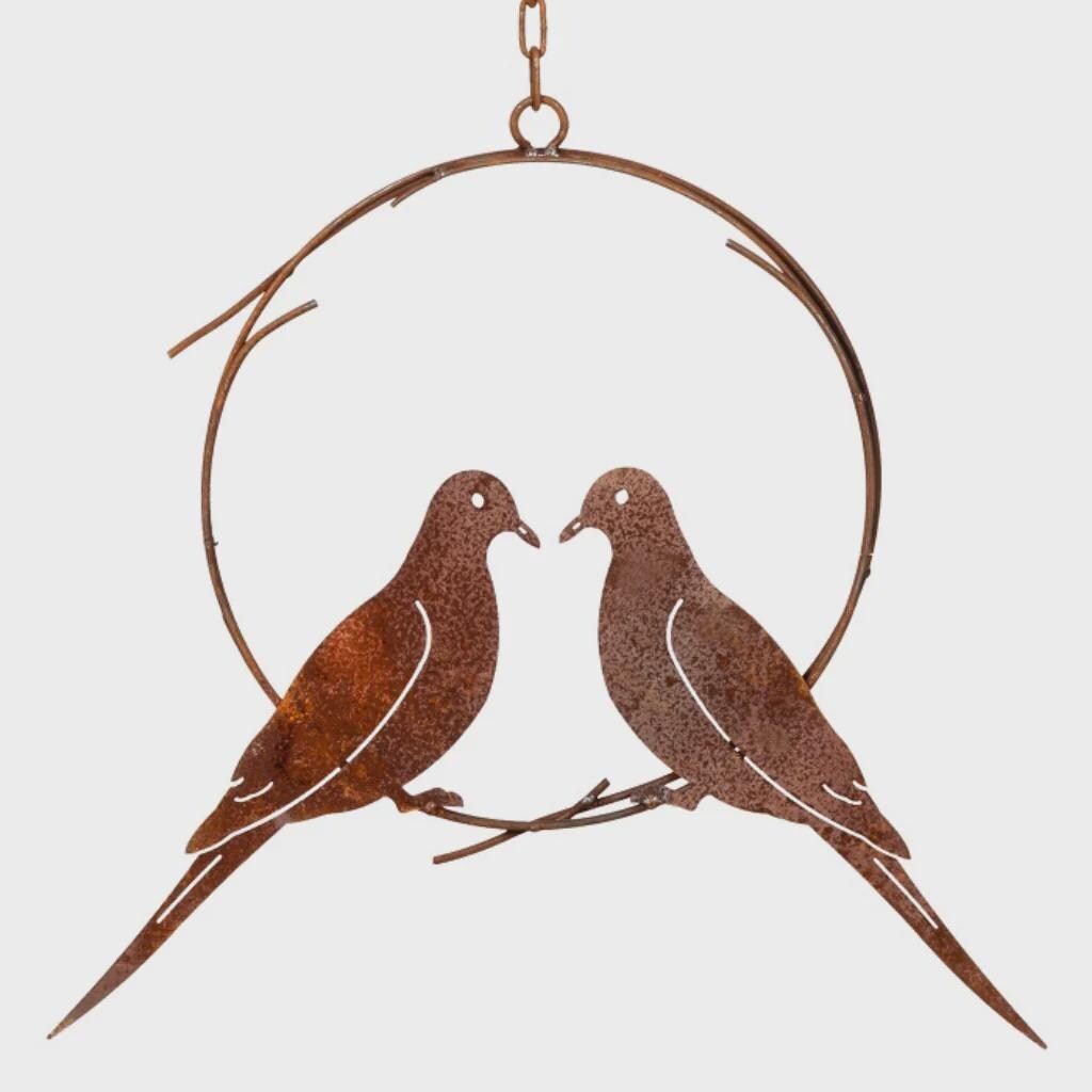 Rusted Metal Bird Wreath – Romantic Garden Decor, Rustic Wall Art (17" x 14")