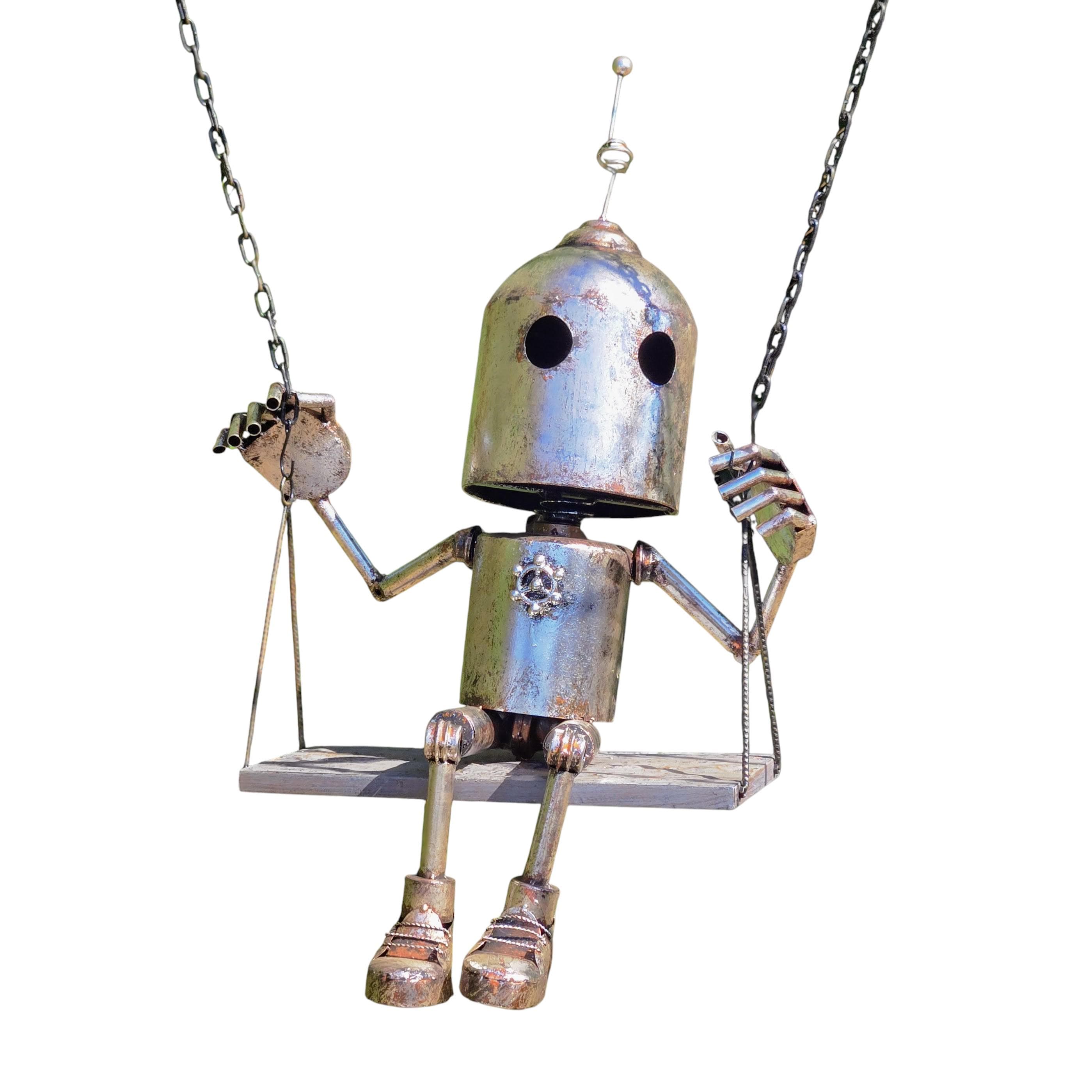 Rustic Metal Robot Swing Sculpture – Industrial Garden Art Hanging Robot Decor for Outdoor Patio Yard Arch Trellis Display