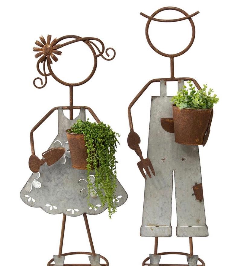 32"H Rustic Metal Garden Statues: Handcrafted Boy & Girl Sculpture Set