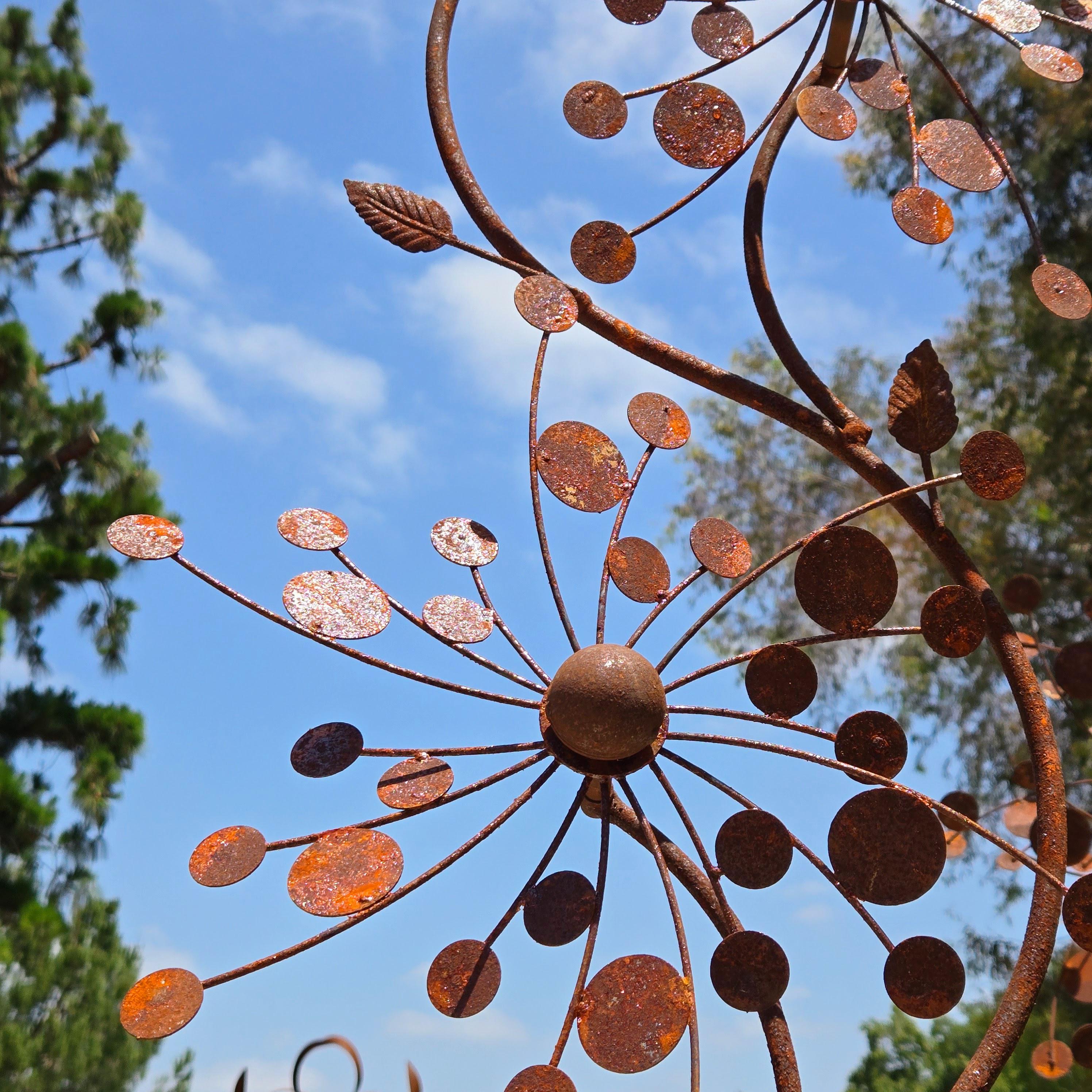 Rustic Metal Bird & Flower Wind Spinner: Weatherproof Garden Stake