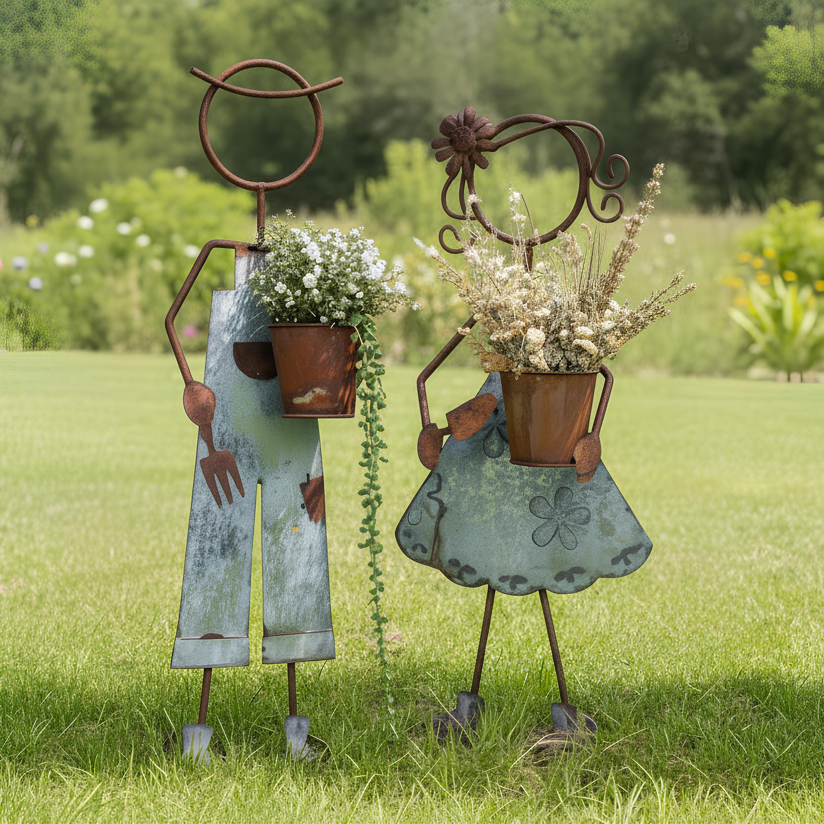 32"H Rustic Metal Garden Statues: Handcrafted Boy & Girl Sculpture Set