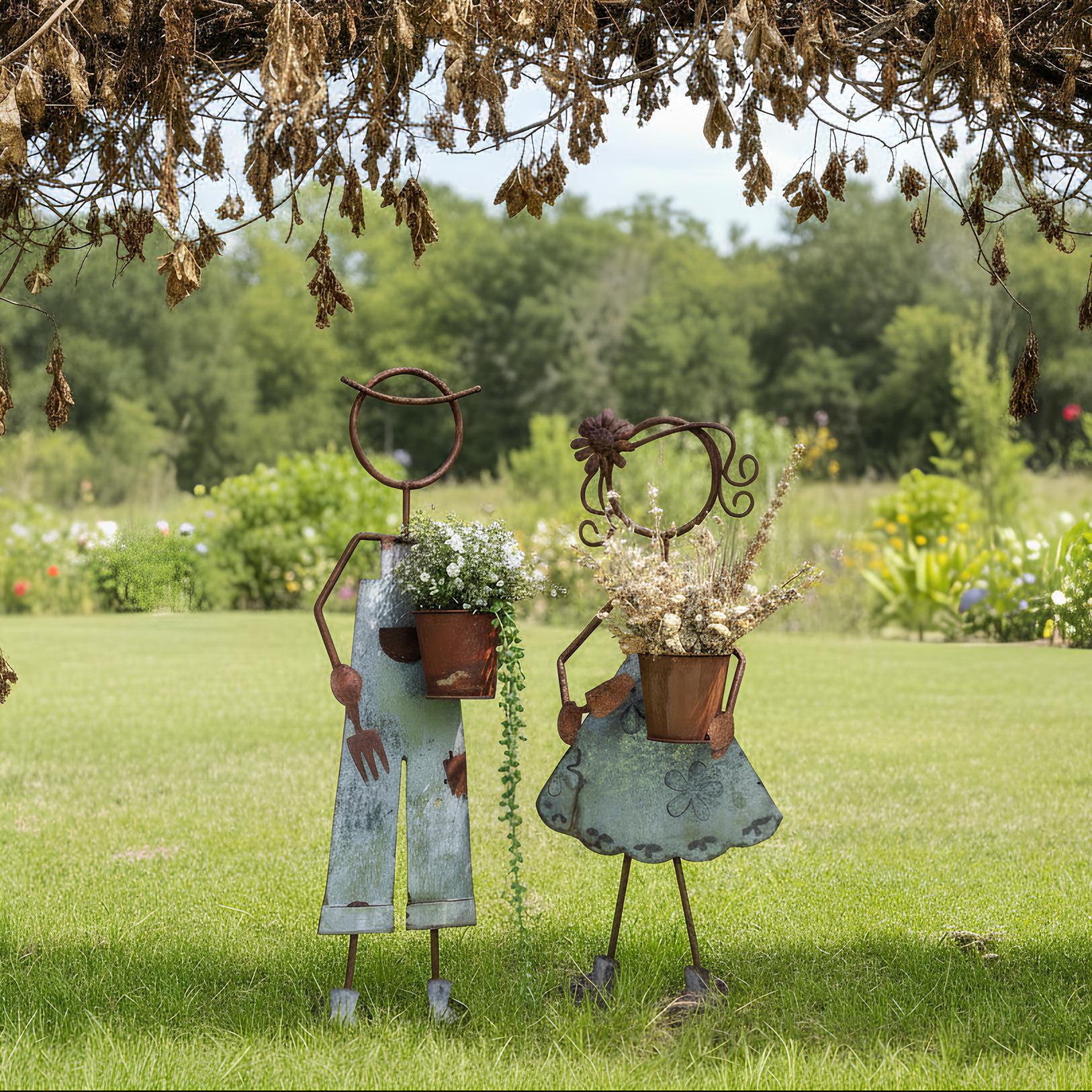 32"H Rustic Metal Garden Statues: Handcrafted Boy & Girl Sculpture Set