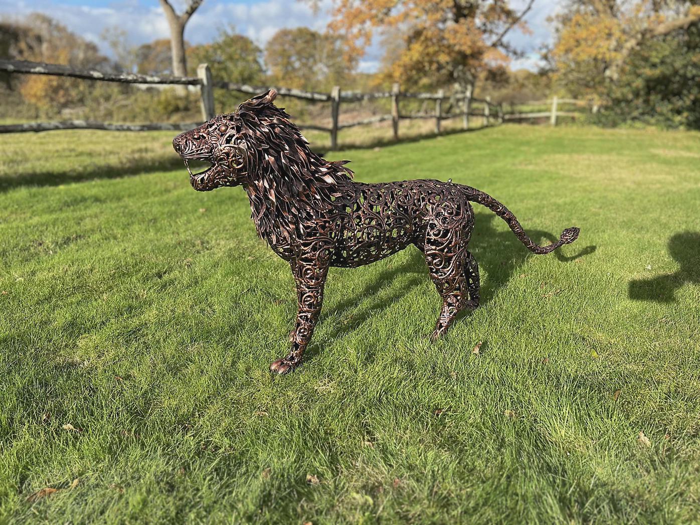 Large Metal Lion Sculpture, Rustic Steel Yard Art, Handcrafted Garden Decor