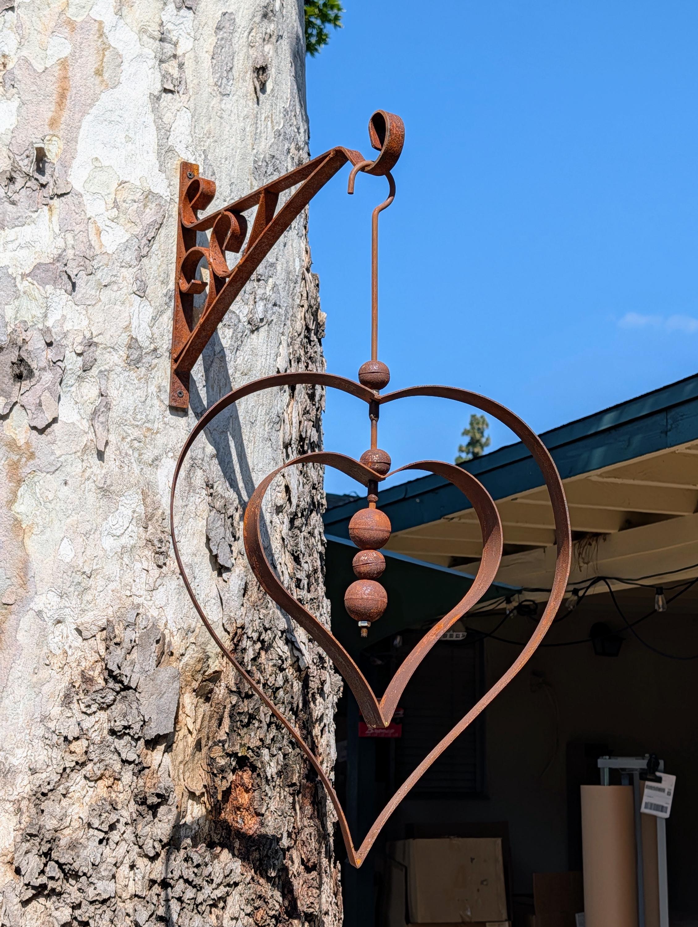 Rusty Metal Double Heart Orb Garden Sculpture, Rustic Outdoor Decor