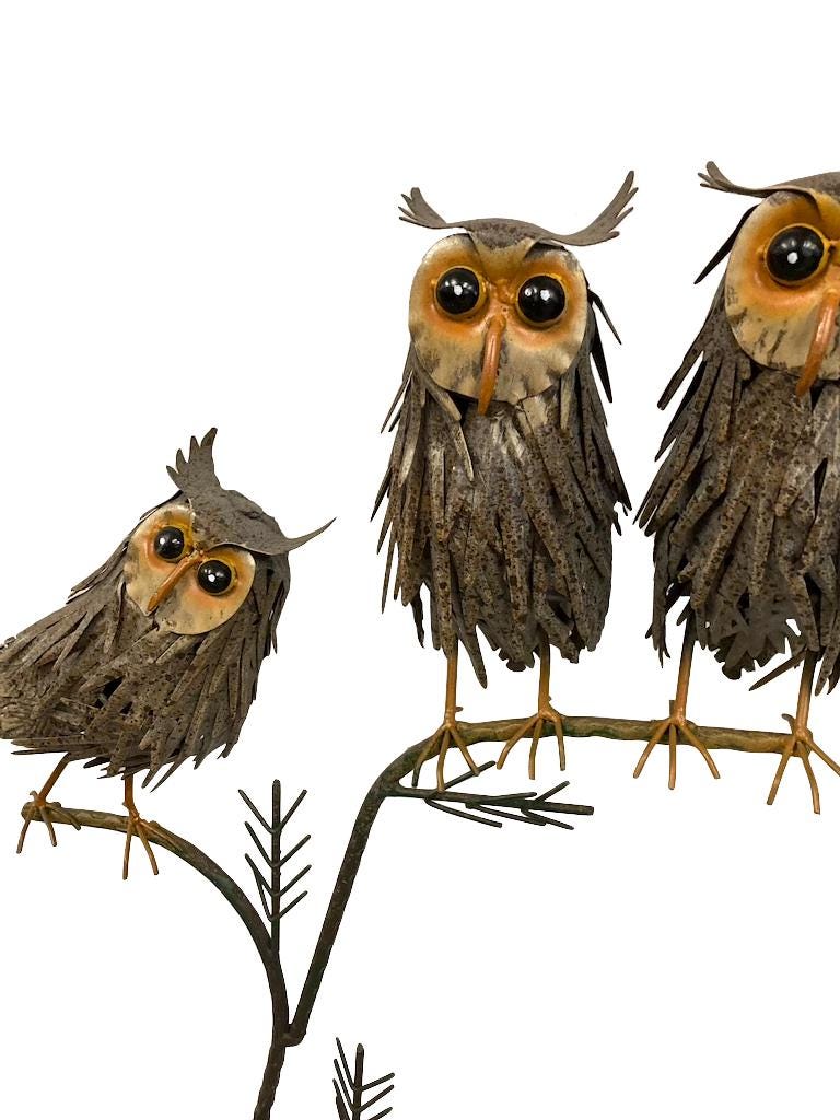 Handcrafted Metal Three Owls Garden Sculpture, Rustic Woodland Yard Art