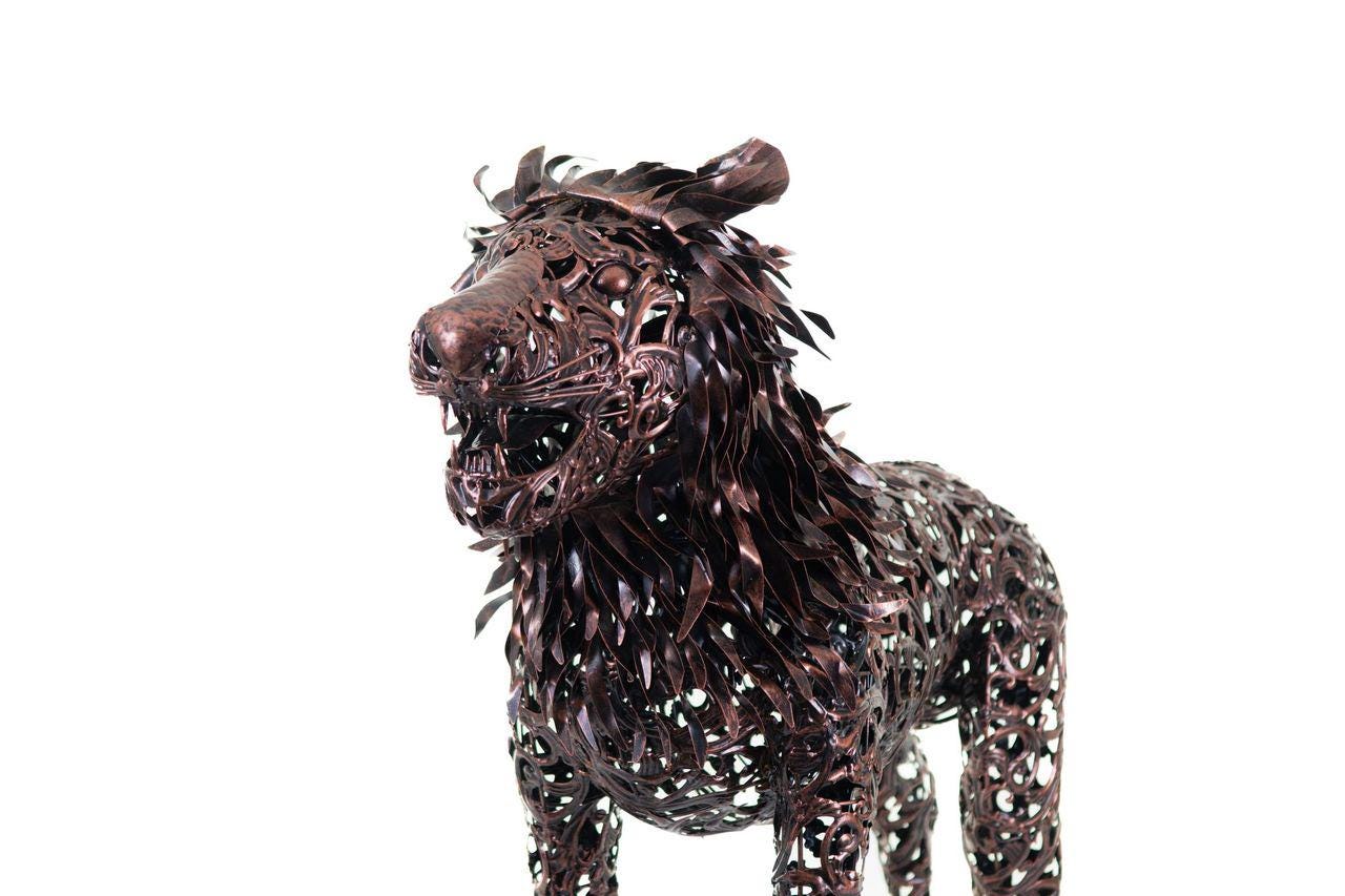 Large Metal Lion Sculpture, Rustic Steel Yard Art, Handcrafted Garden Decor