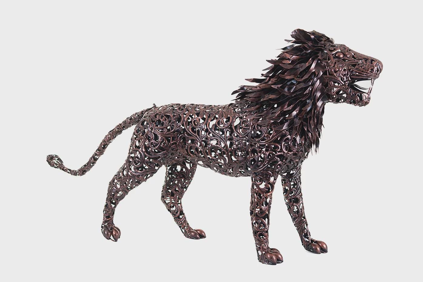 Large Metal Lion Sculpture, Rustic Steel Yard Art, Handcrafted Garden Decor