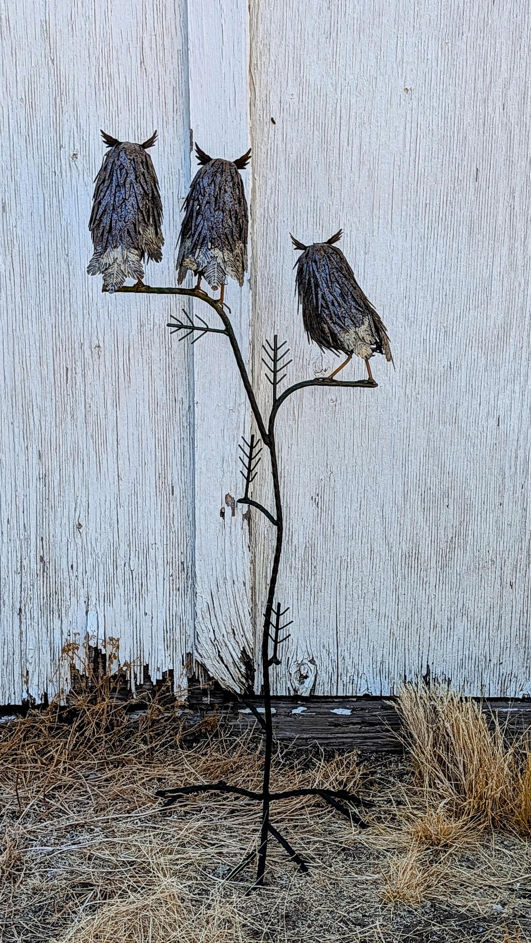 Handcrafted Metal Three Owls Garden Sculpture, Rustic Woodland Yard Art