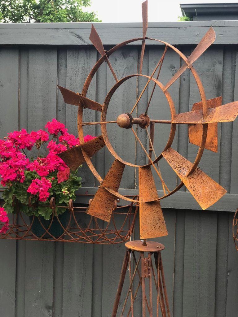 Farmhouse Metal Windmill Garden Stake – 73" Tall Rusted Wind Spinner Lawn Sculpture