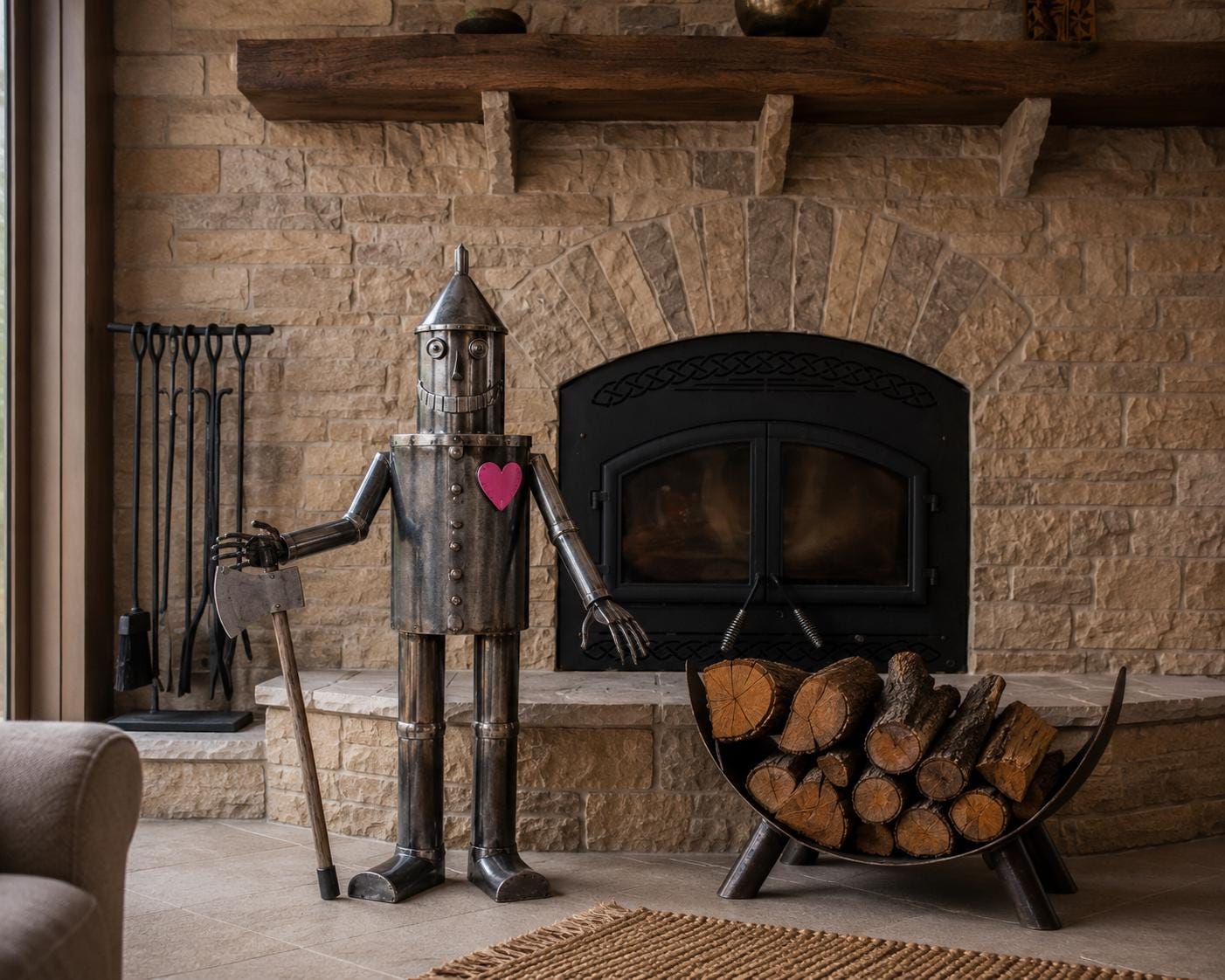 Robot Lumberjack Fire Pit Decor | Rustic Firewood Rack for Patio & Backyard