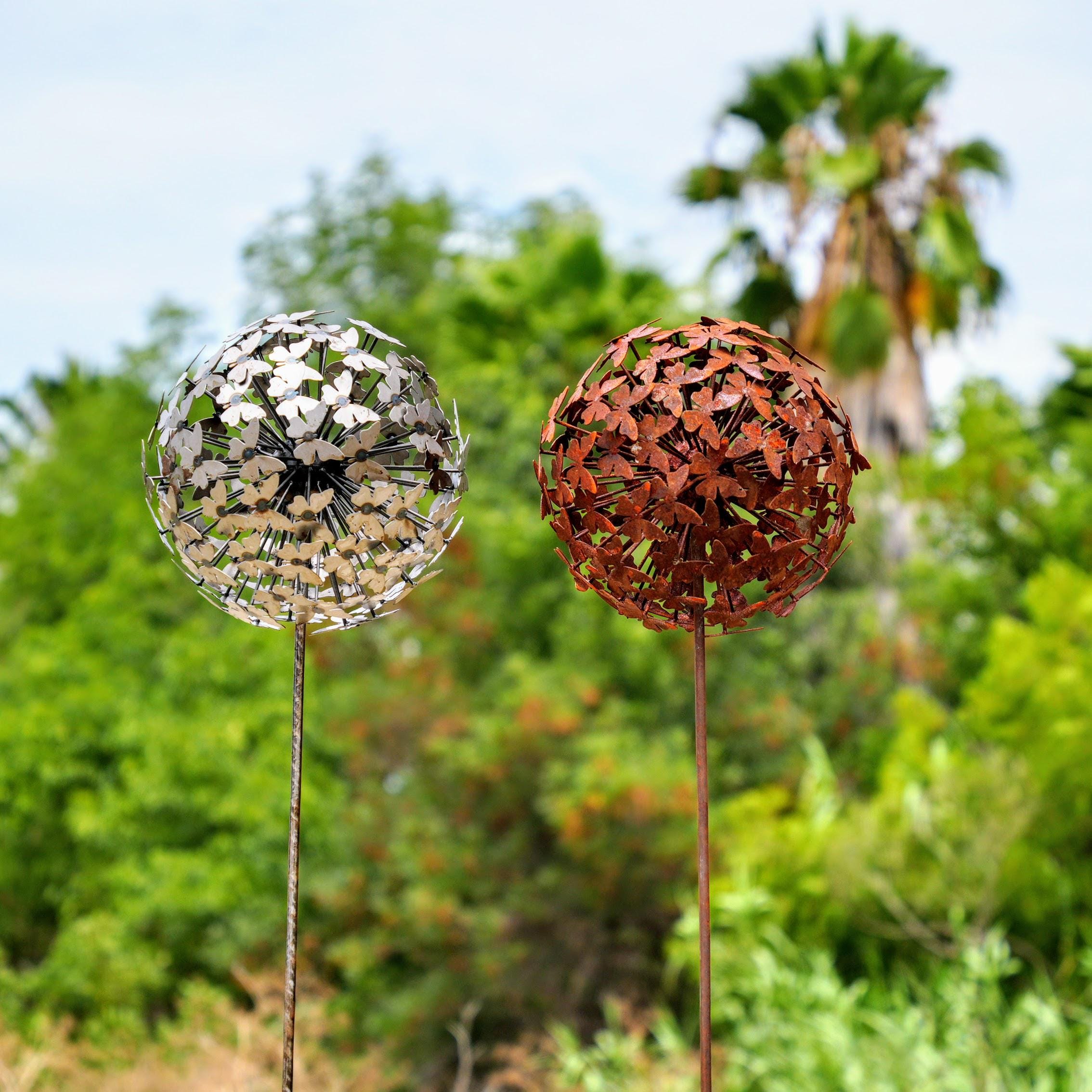 66" Metal Butterfly Garden Sphere Stake, 12" Butterfly Ball Yard Art, Outdoor Garden Sculpture, Rustic Garden Decor, English Garden Ornament