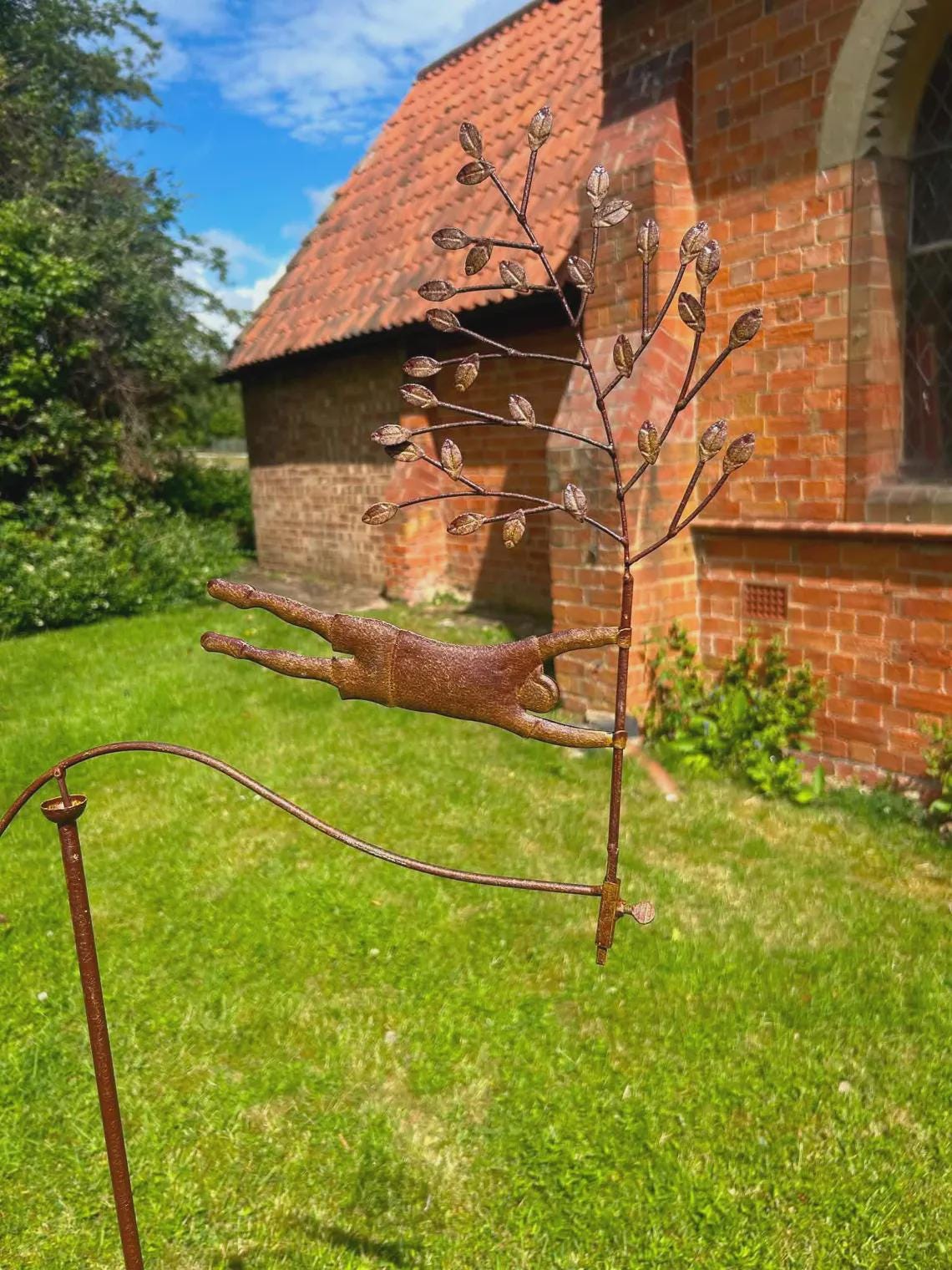 Rustic Metal Garden Balancer, Whimsical Flying Figure with Tree, Handmade Kinetic Garden Stake, Rustic Yard Art, Outdoor Garden Sculpture