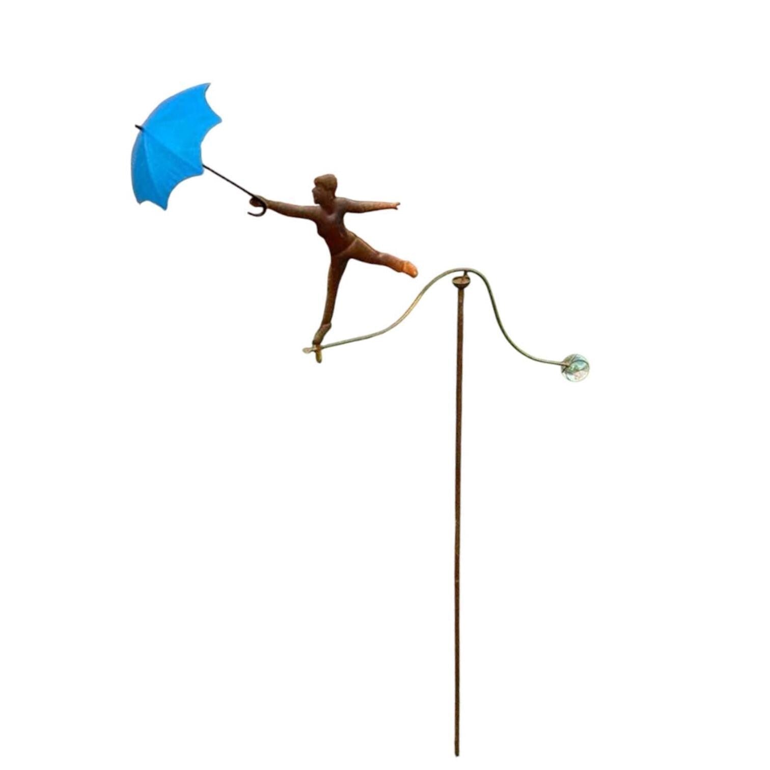 Metal Girl with Umbrella Garden Balancer, Handmade Kinetic Garden Stake, Whimsical Wind Sculpture, Rustic Outdoor Yard Art