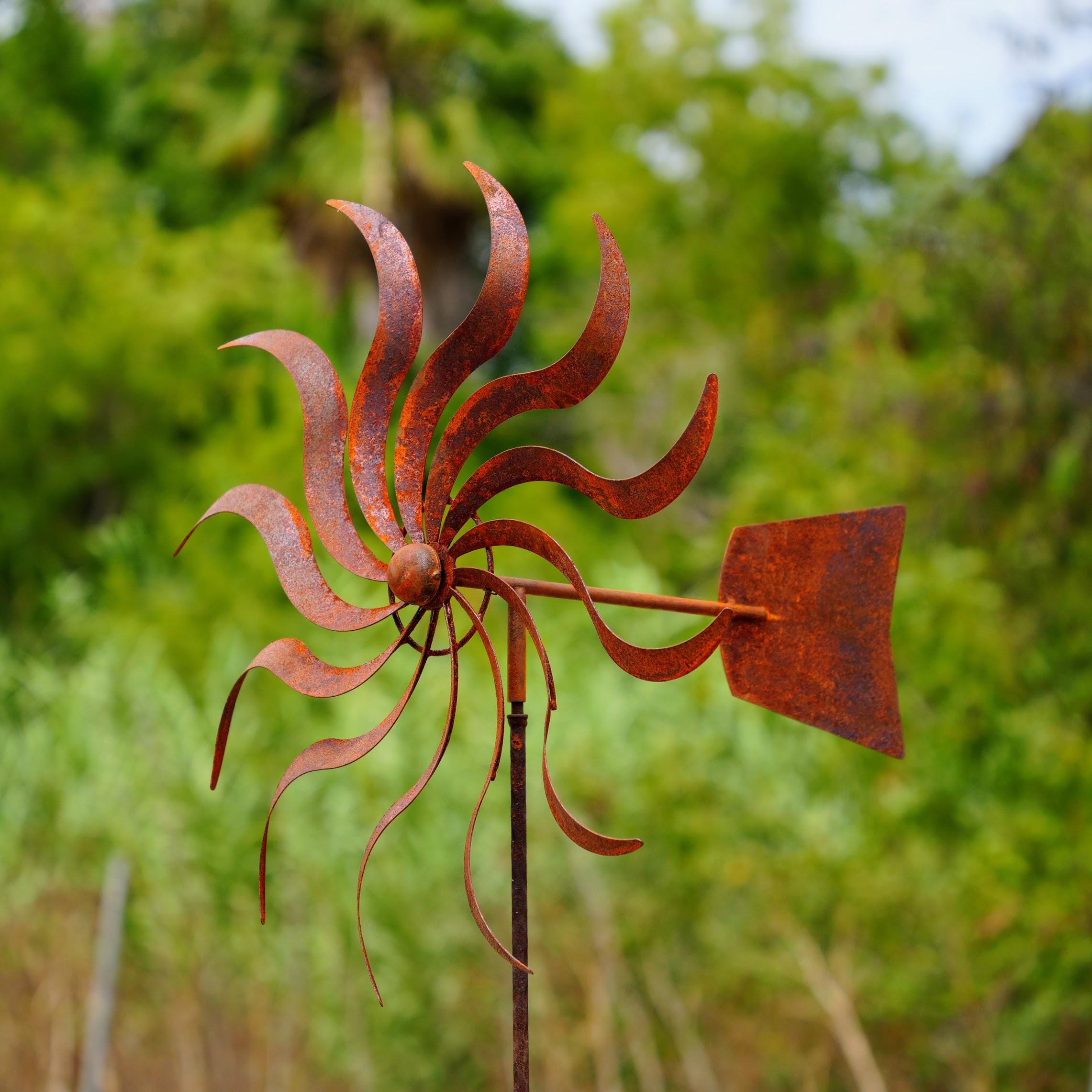 57" Rustic Metal Wind Spinner Garden Stake, Large Rust Windmill Yard Art, Outdoor Kinetic Garden Decor, Farmhouse Lawn Ornament