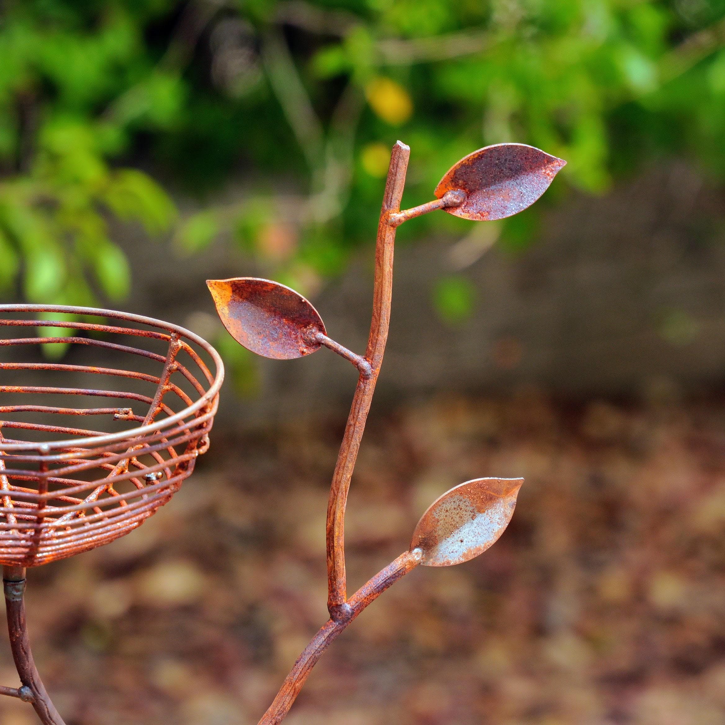 Rustic Metal Bird Nest Garden Stake with Perched Bird, Handmade Garden Art, Outdoor Yard Decor, Farmhouse Flower Bed Accent