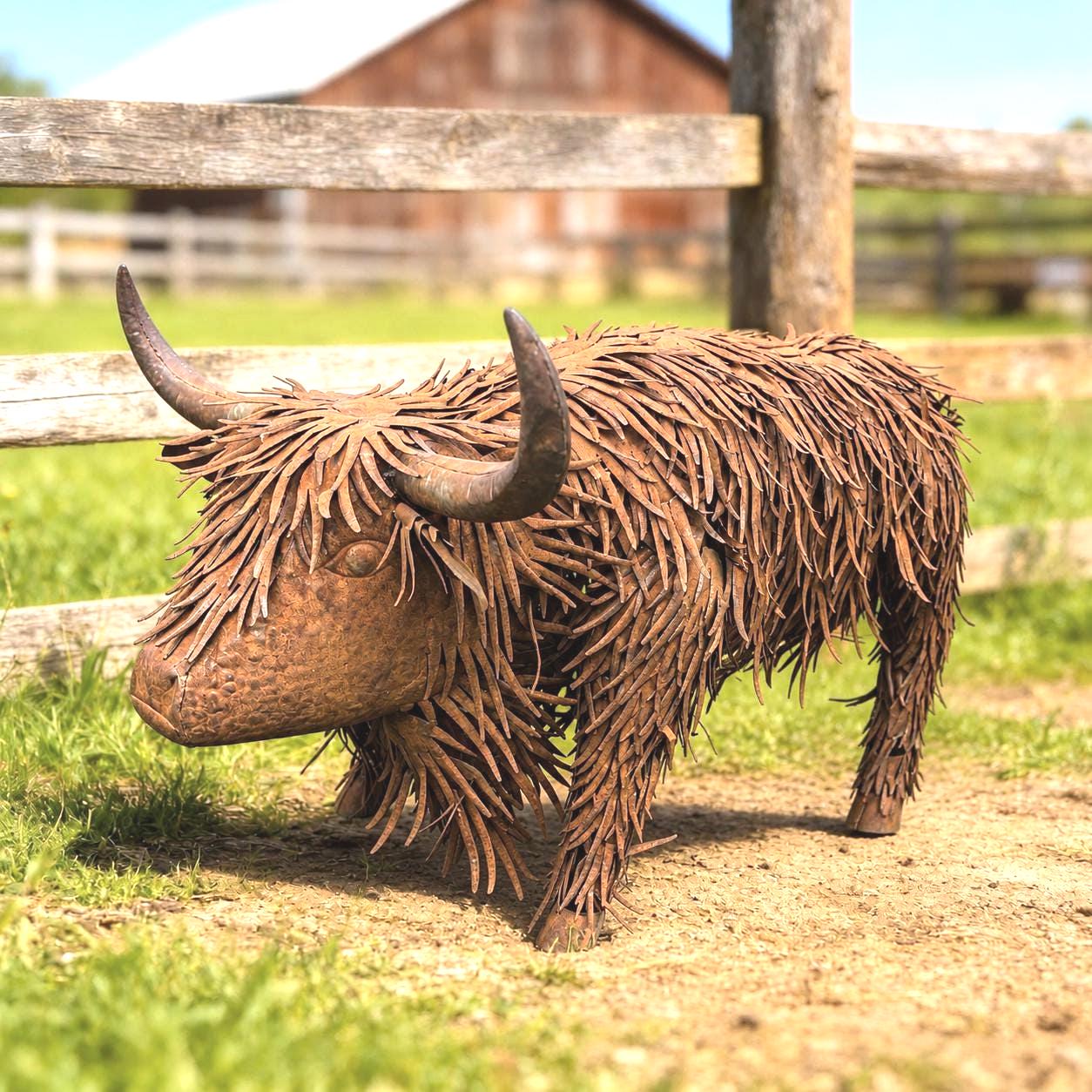 Rustic Metal Highland Cow Sculpture, Large Garden Cow Statue, Farmhouse Yard Art, Outdoor Metal Animal Decor, Highland Cattle Ornament