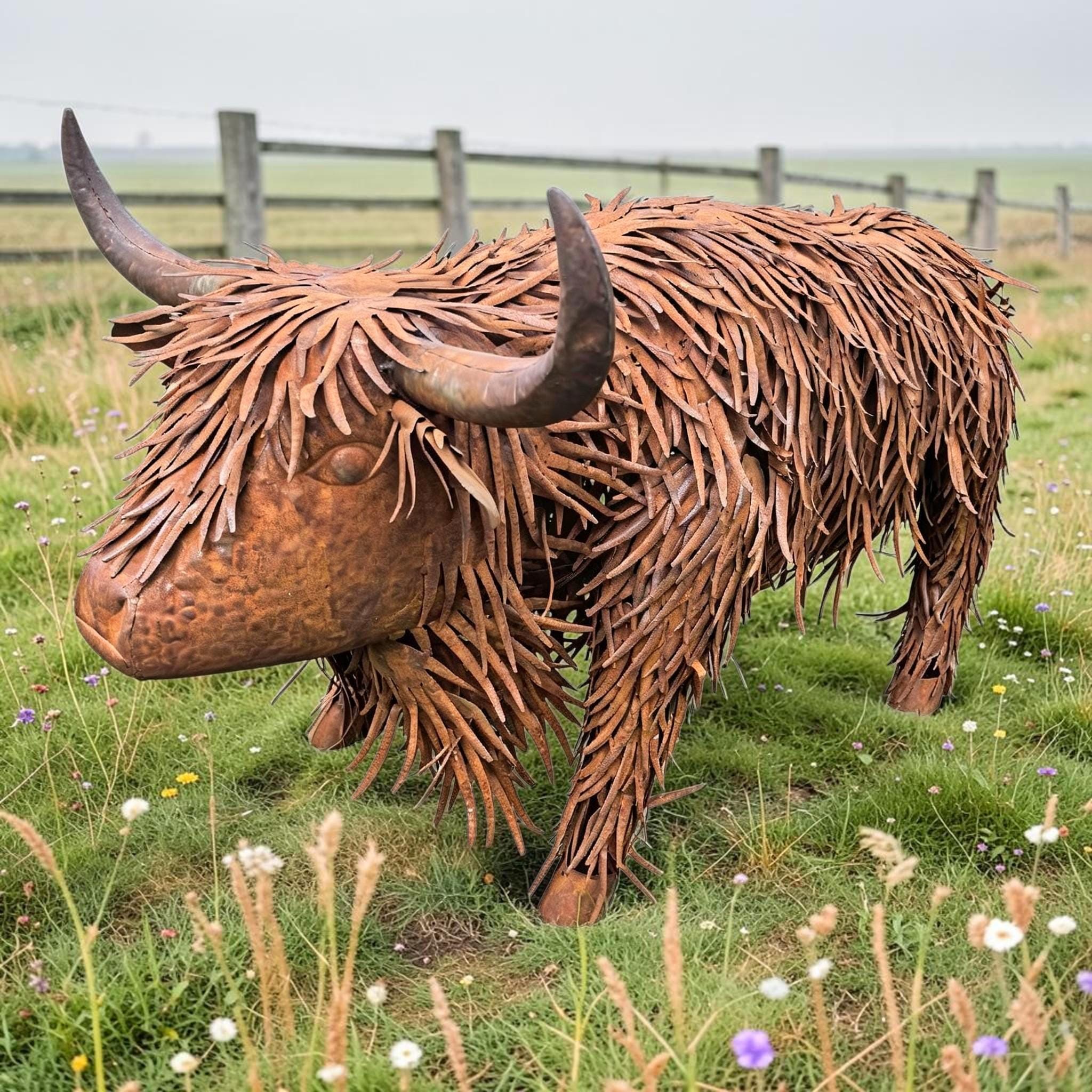 Rustic Metal Highland Cow Sculpture, Large Garden Cow Statue, Farmhouse Yard Art, Outdoor Metal Animal Decor, Highland Cattle Ornament