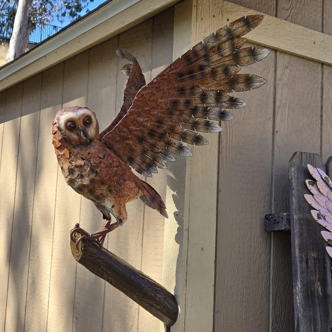 Handcrafted Metal Owl Wall Sculpture: Painted Garden Bird Decor (21"x18")
