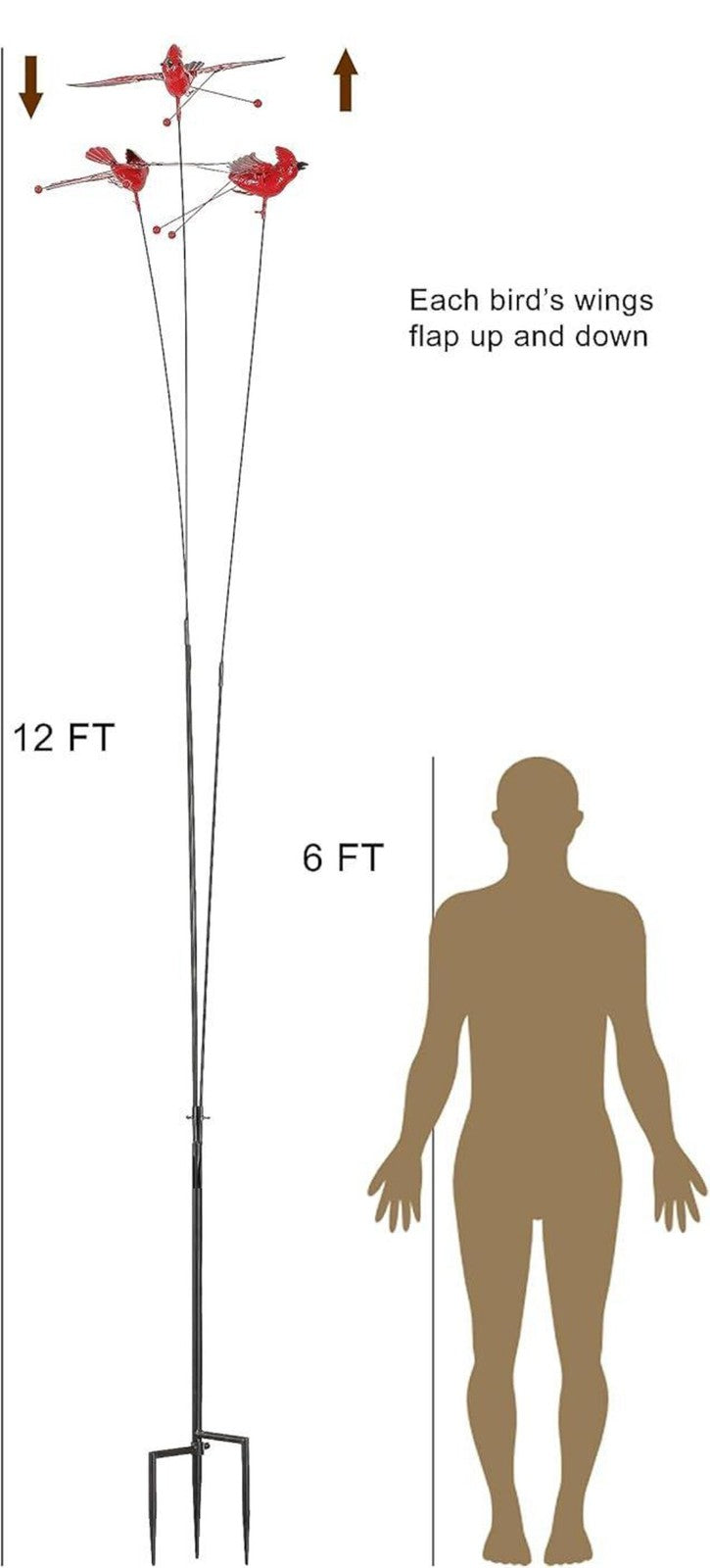 Rustic 12ft Garden Stake with Three Swaying Cardinal Birds - Large Outdoor Yard