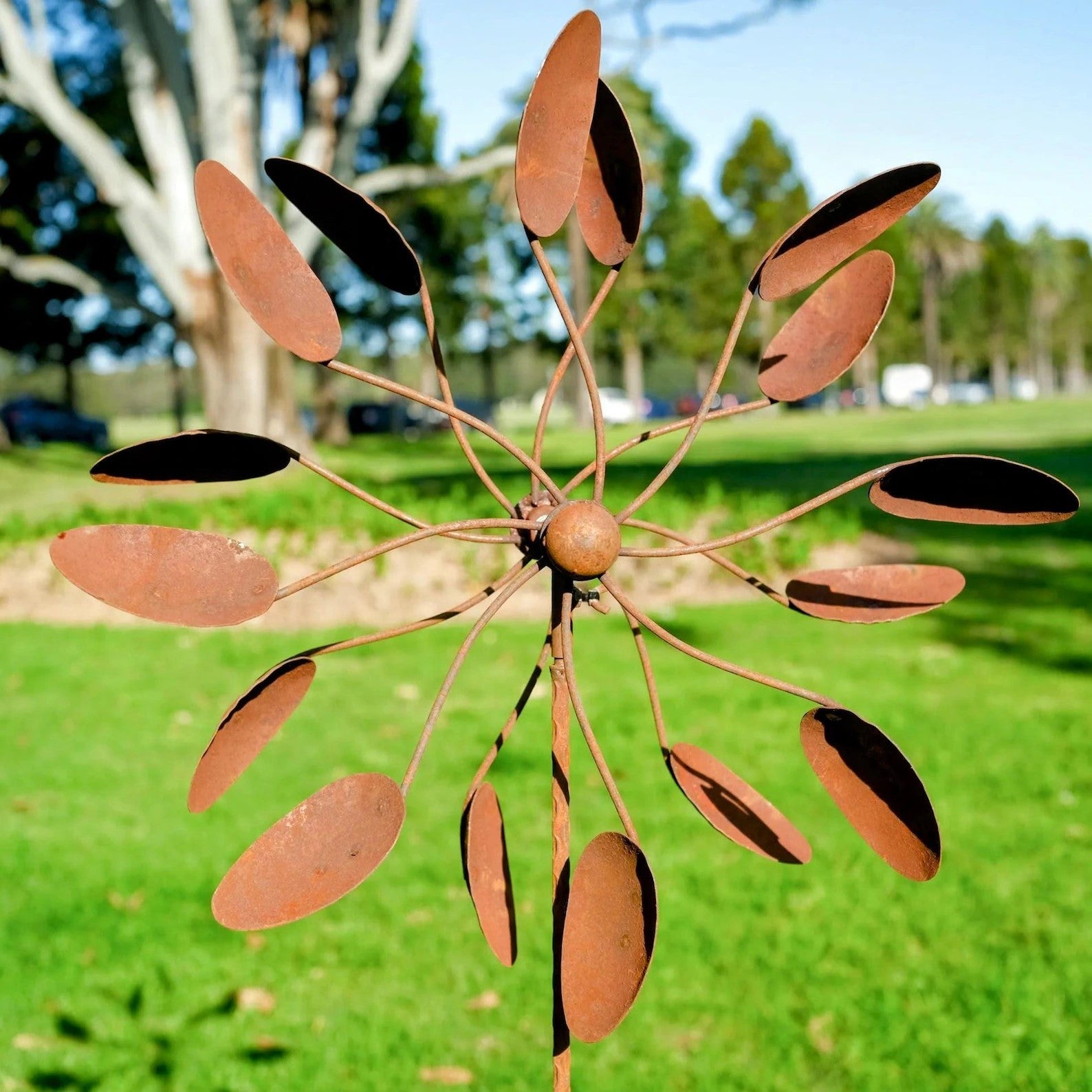 67“H Rusty Metal Flower Wind Spinner | Handmade Garden Sculpture | Weathered