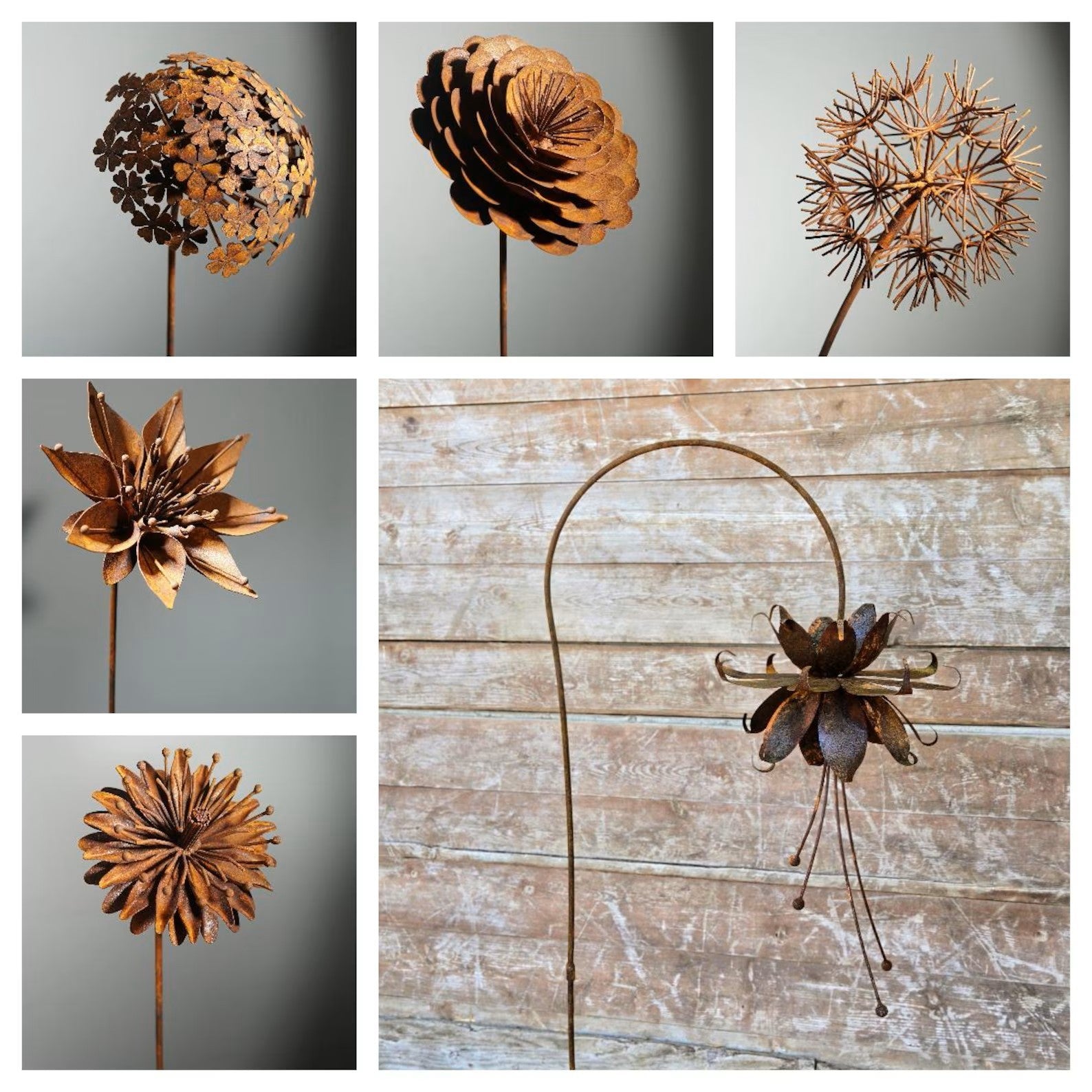 Rusty metal flower stake, garden gift - Set of 6 flowers