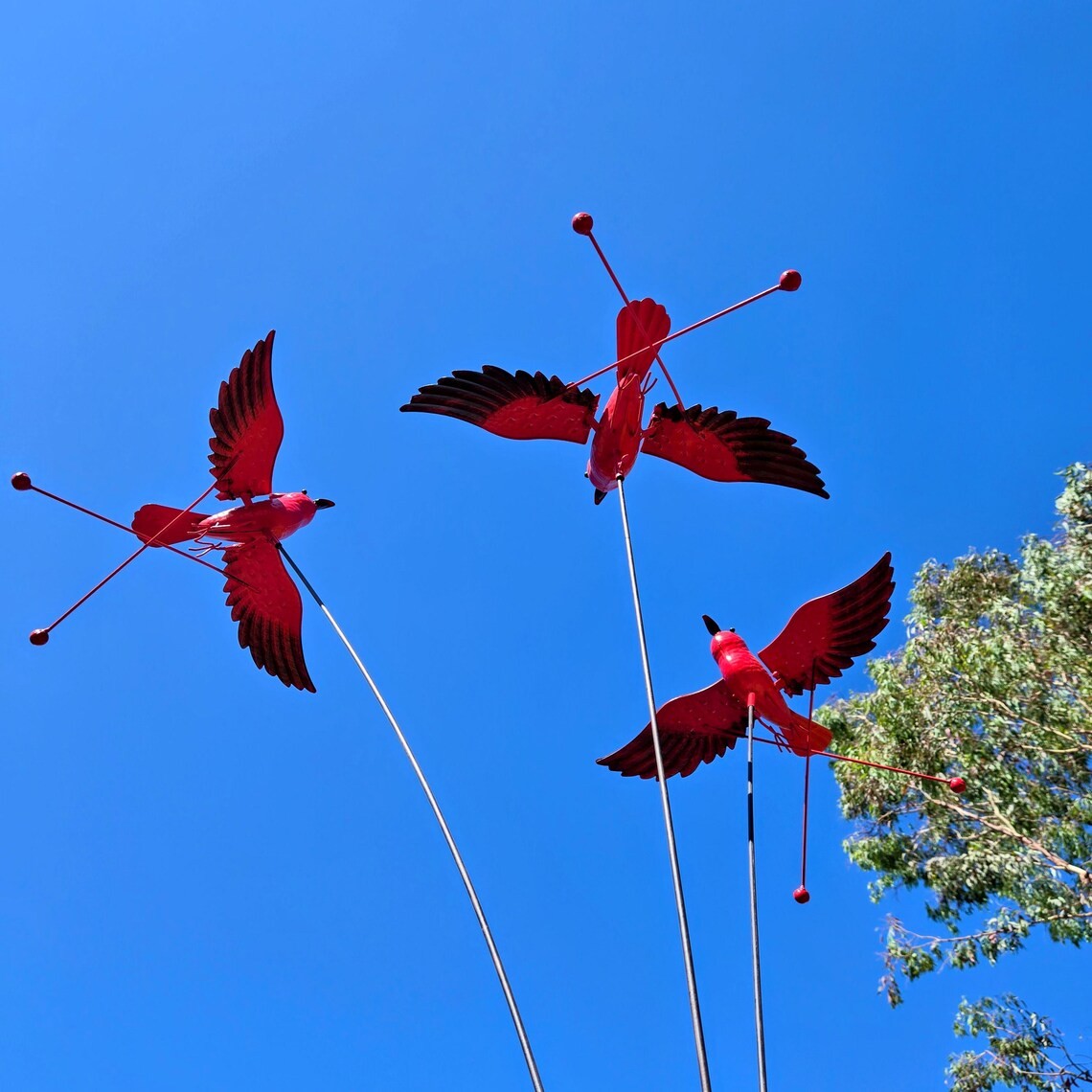 Rustic 12ft Garden Stake with Three Swaying Cardinal Birds - Large Outdoor Yard