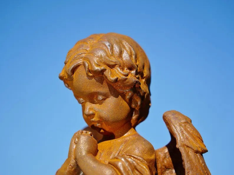Metal Cast Iron Praying Angel Statue Rustic Religious Decor Spiritual Gift Idea