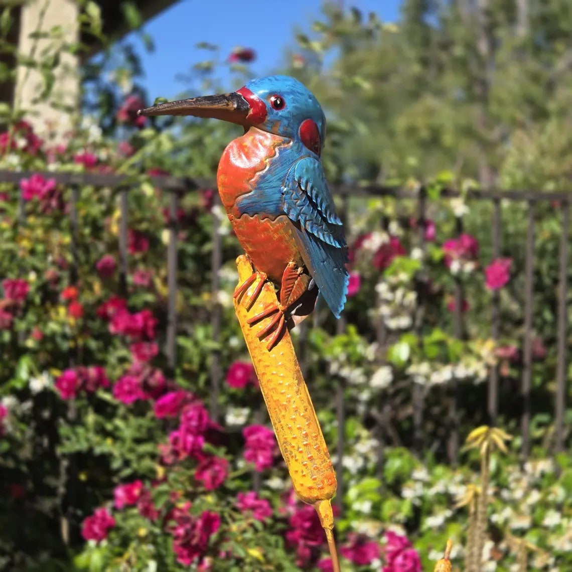 Handcrafted Metal Kingfisher Garden Sculpture 41" Tall Bird on Cattail Artist