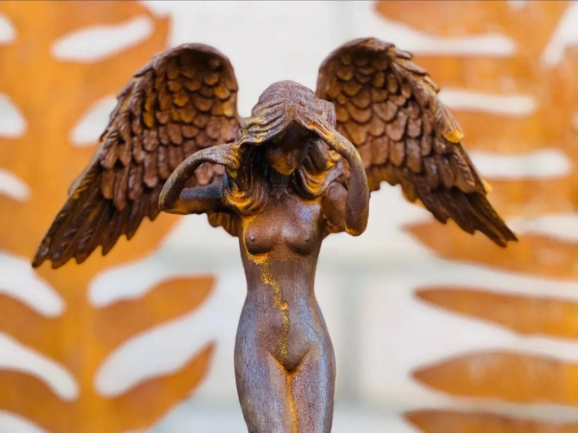 Metal Cast Iron Veiled Angel Statue - Heavy Vintage Sculpture for Garden