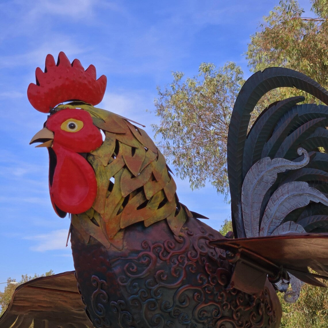 Giant Metal Rooster Garden Sculpture -Kinetic Balance Farmhouse Outdoor Yard Art