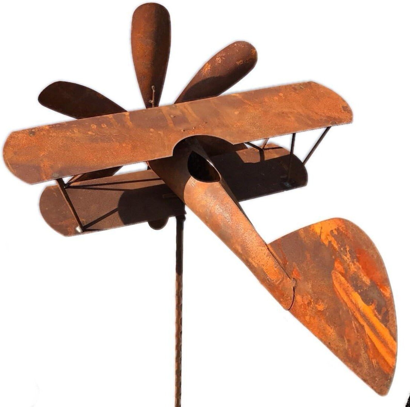 Rusty Metal Biplane Wind Spinner – Vintage Airplane Garden Art Sculpture