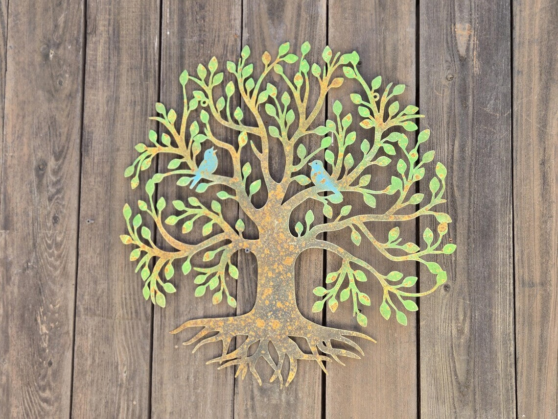 22" Rustic Tree of Life Metal Wall Art Hand-Painted Garden Decor with Blue Bird