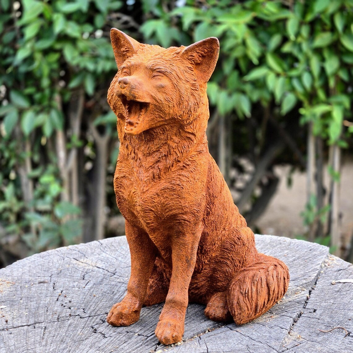 Rusty Finish Cast Iron Sitting Fox Statue Handmade Garden Decor Animal Sculpture