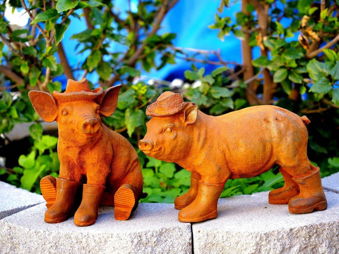 Cowboy Pig Duo with Rain Boots and Straw Hats, Whimsical Garden Animal Pig Decor