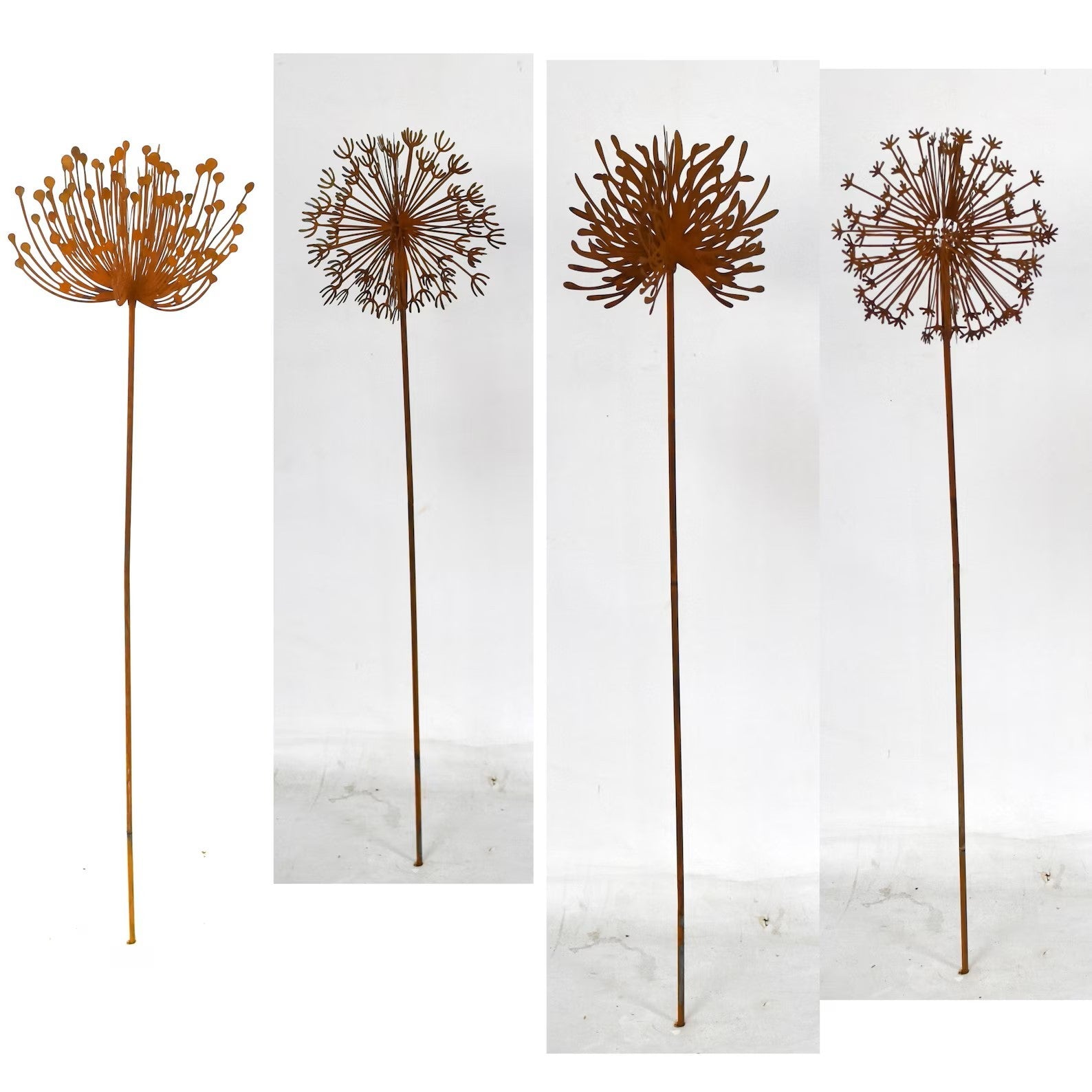 Set of 4 Rusty Metal Dandelion Garden Stake 3D Hand-Welded Design
