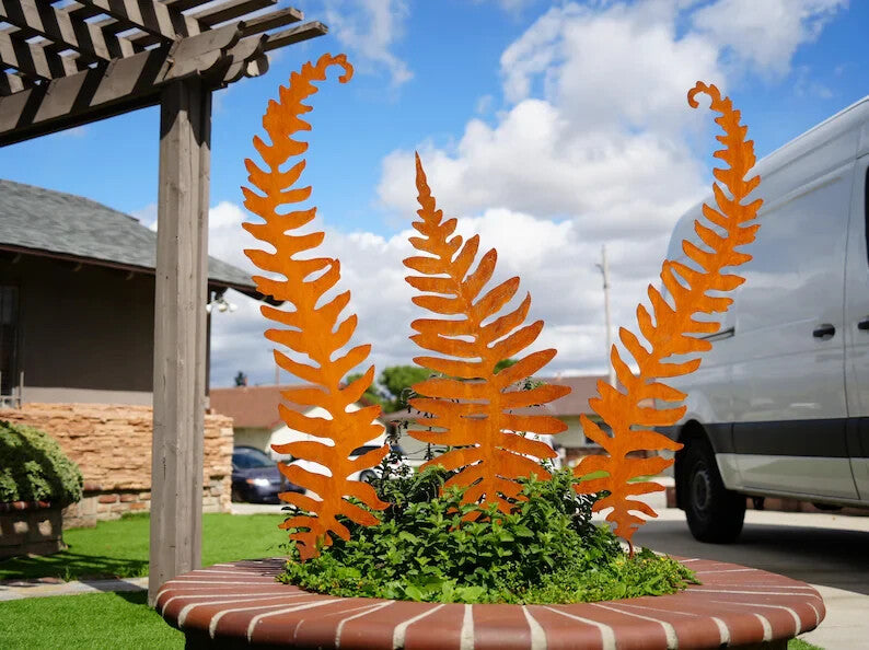 60" Corten Steel Fern Sculptures Rustic Garden Stakes Set of 3, Patina Metal Art