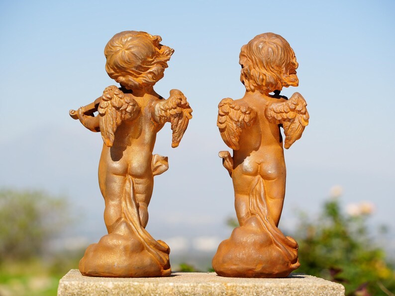 Metal Cast Iron Cherub Angel Statues – Musical Garden Sculptures Playing Violin