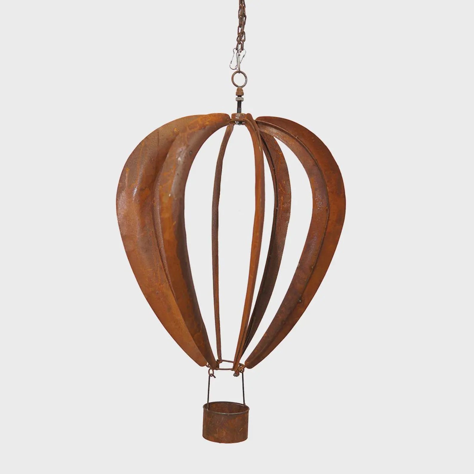 Rusty Metal Hot Air Balloon Wind Spinner: Hanging Garden Sculpture