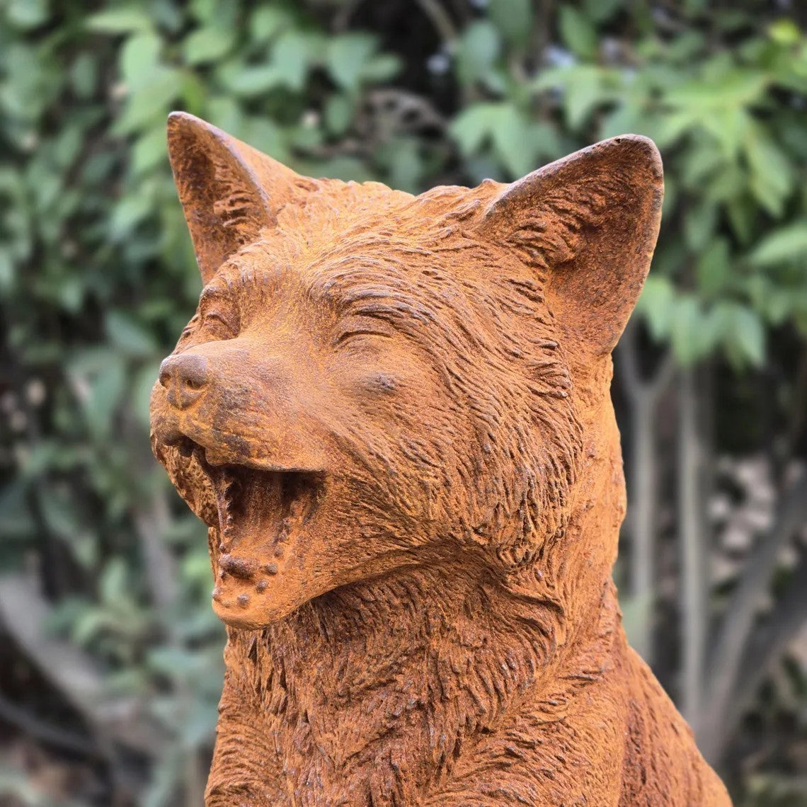 Rusty Finish Cast Iron Sitting Fox Statue Handmade Garden Decor Animal Sculpture
