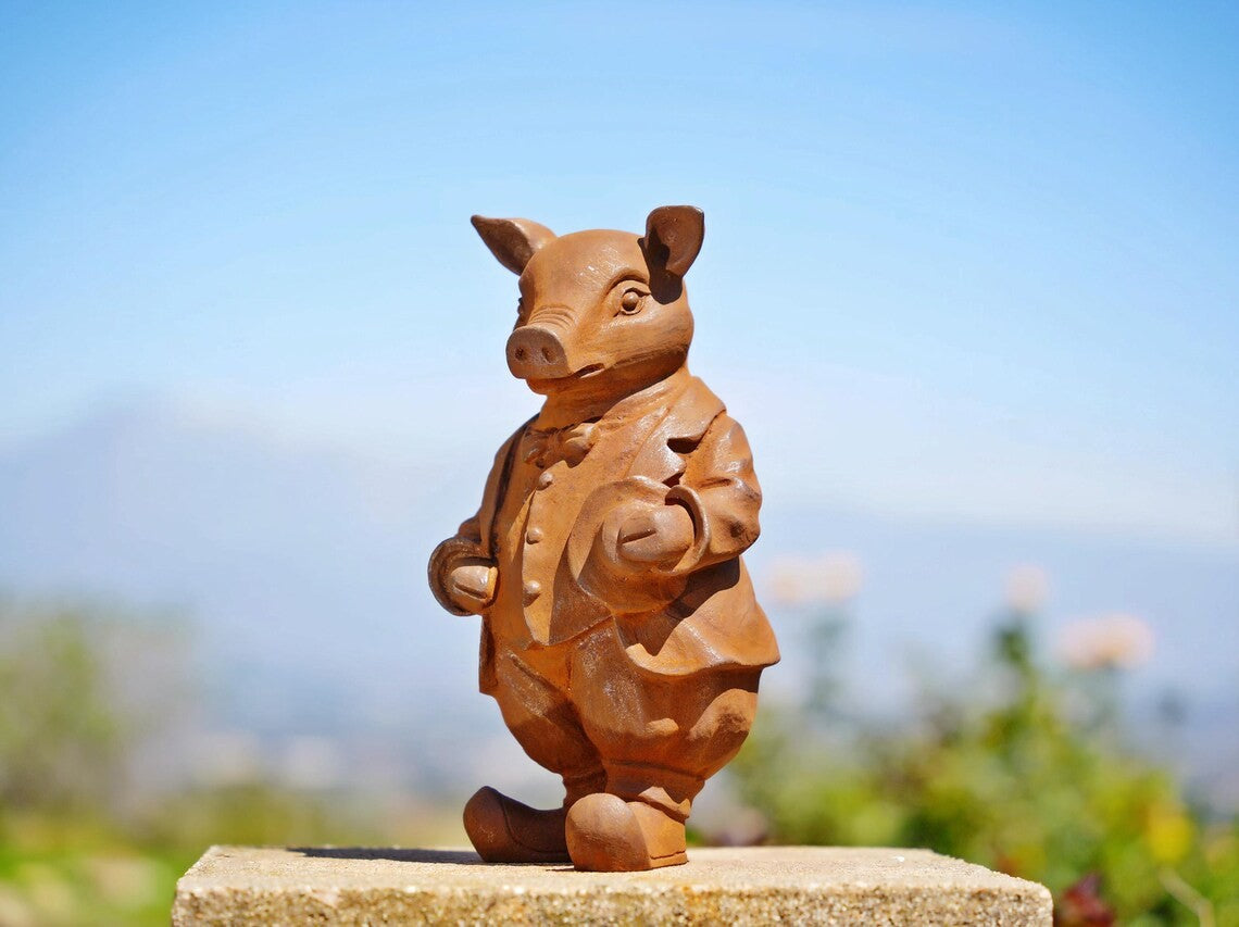 Cast Iron Pig Gentleman Statue – Dressed Animal Garden Sculpture, Whimsical Rust