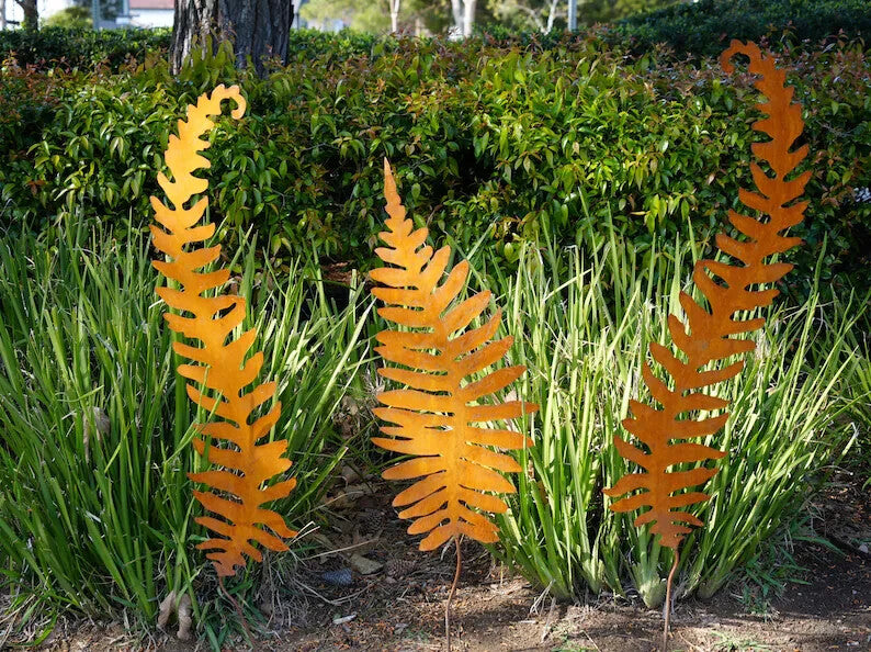 60" Corten Steel Fern Sculptures Rustic Garden Stakes Set of 3, Patina Metal Art