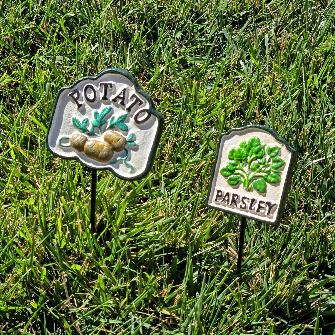 Hand-Painted Cast Iron Herb Garden Signs Colorful Raised Border Plant Markers