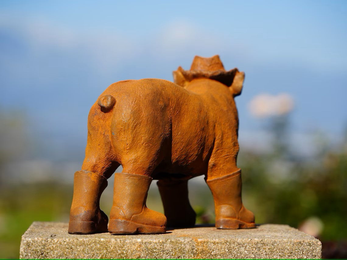 Cowboy Pig Duo with Rain Boots and Straw Hats, Whimsical Garden Animal Pig Decor