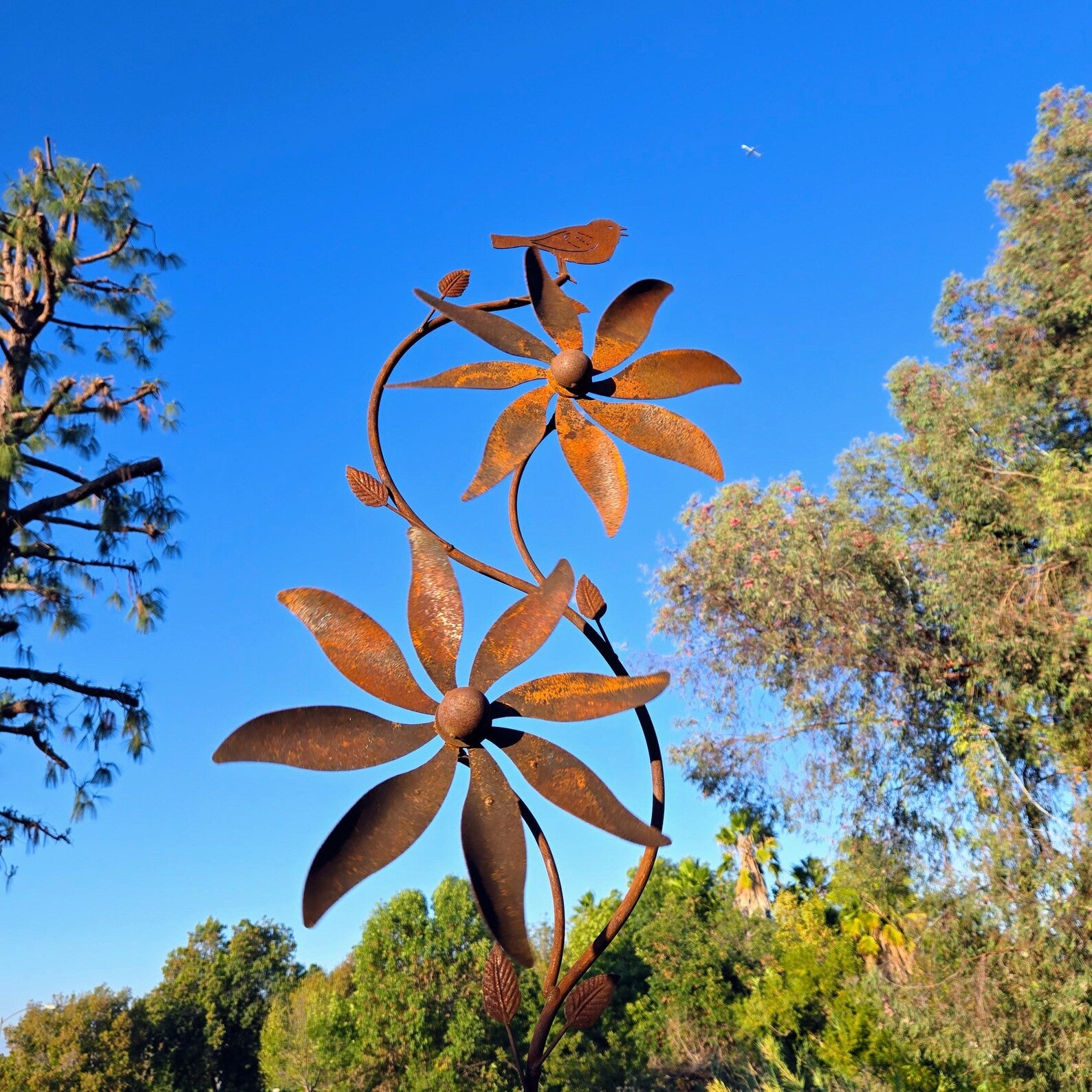 Rusty Metal Bird Windmill Garden Stake – 75" Weatherproof Wind Spinner Flower