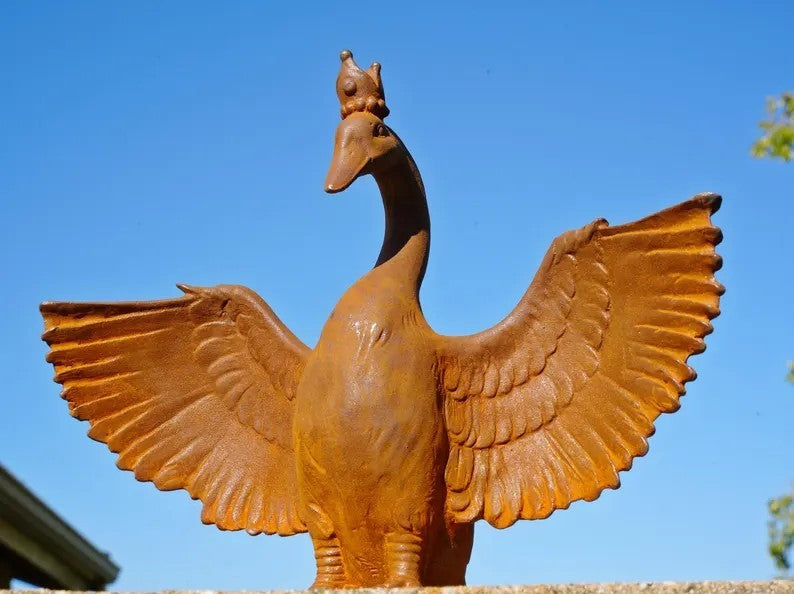 Metal Crowned Goose Cast Iron Sculpture Spreading Wings Garden Statue Whimsical