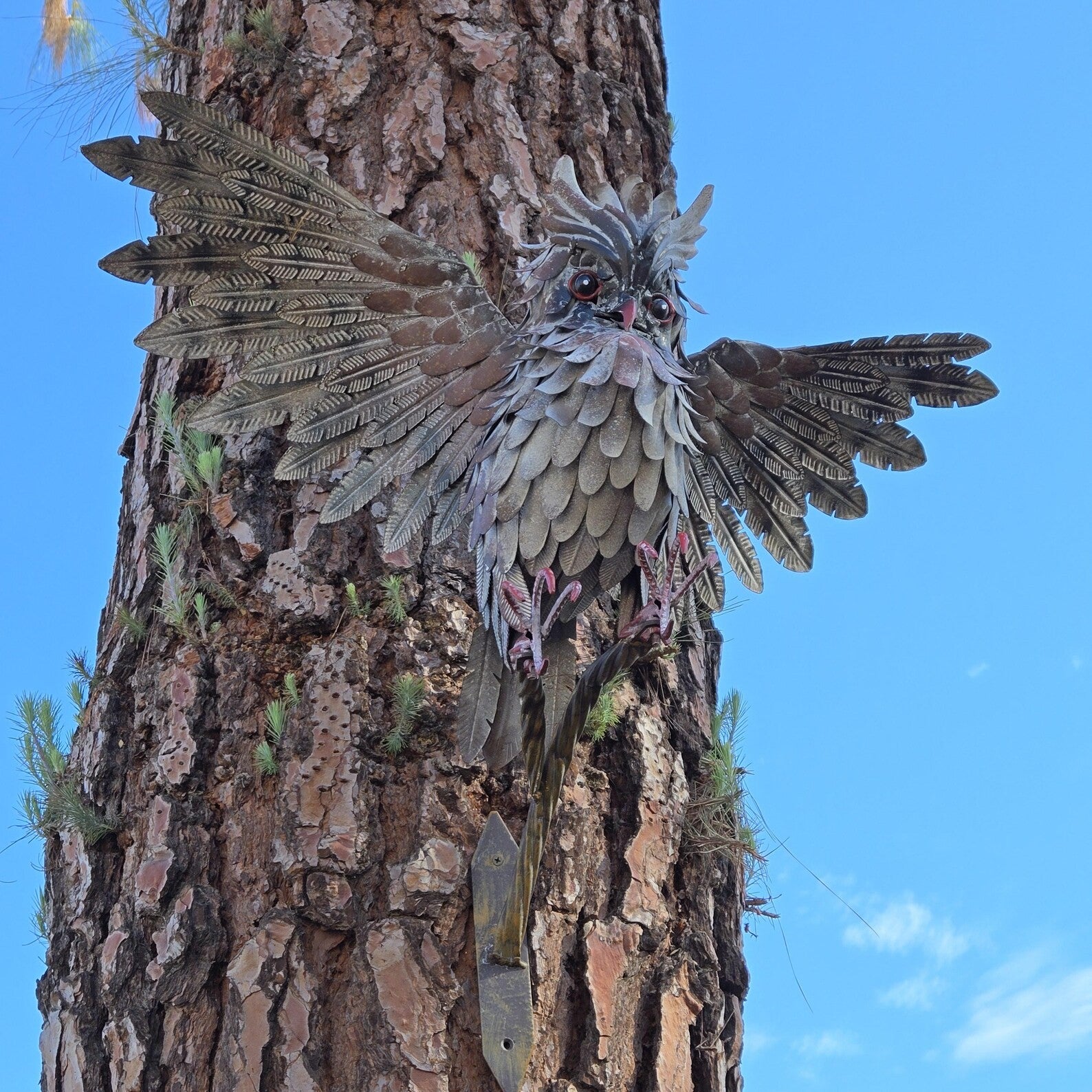 Rustic Metal Owl Sculpture Handcrafted Garden Art with Outstretched Wings Yarn