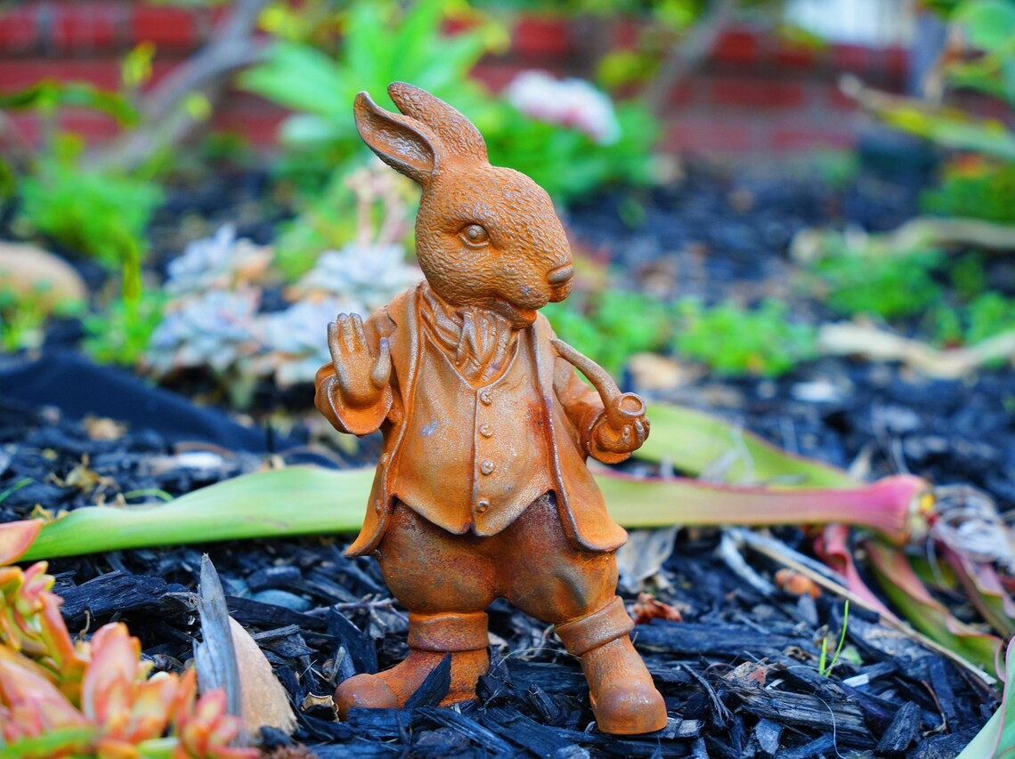 Metal Cast Iron Rabbit Statue - Rustic Bunny Garden Decor - Heavy Metal Porch