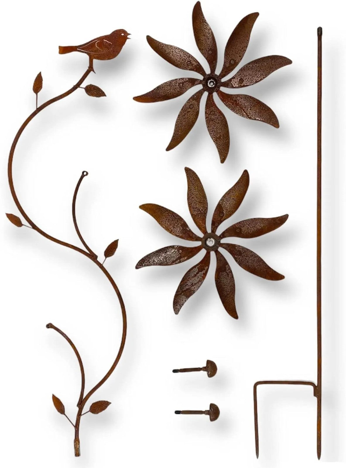 Rusty Metal Bird Windmill Garden Stake – 75" Weatherproof Wind Spinner Flower
